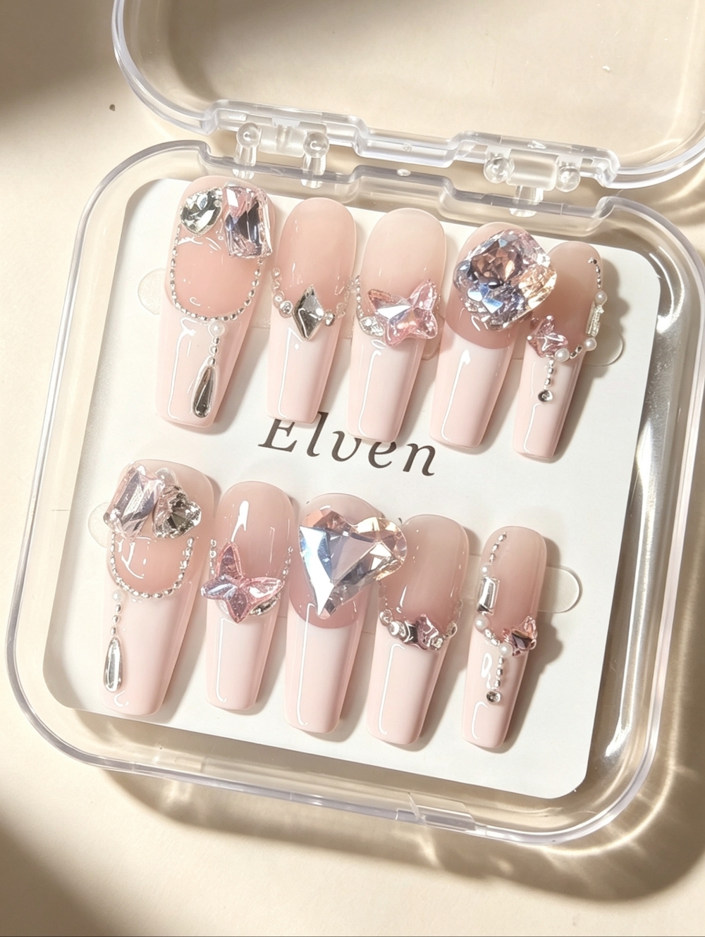 Pink French Tips and Nude Handmade Press On Nails with Gem Accents Long Coffin